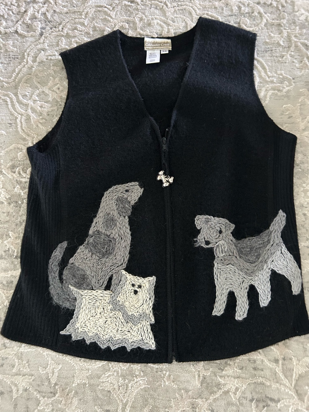 Coldwater Creek Black Zip-Up Cardigan with Gray Knit Dog Motifs